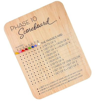 FLCPJGV Phase Ten Punktetafel Tischbrett Kartenspiel Zubehör Wettbewerb Klassisch, mit 8 farbigen Stiften, 10er Punktekarte aus Holz für das Spiel