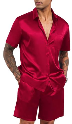 Babioboa Mens 2 Piece Seid Satin Set Kurzarm Hemd Sets Button Hemd & Shorts Nachtwäsche Outfits Hochzeit Party(Rot,XL)