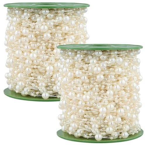 NGOSUET 2 Stück 60m Perlengirlande Beige, Perlenband Beaded String Perlenkette Deko für DIY Handwerk Perlenschnur Hochzeit, Brautstrauß, Tischdeko Partydekoration