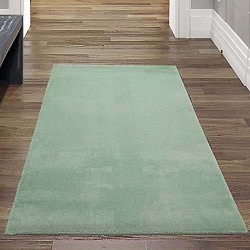 Teppich-Traum Teppich Wohnzimmer Eingangsbereich Brücke Gang rutschfest weich mit modernem Uni-Design in Grün 60 x 110 cm