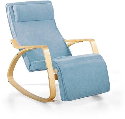 Brigros WeHome Swing Amor Schaukelstuhl mit Armlehnen aus Holz, Rocking Chair, Schaukelsessel mit Verstellbarer Fußstütze, Wohnzimmerstuhl, Schlafzimmersessel (Stoff, Jeans)