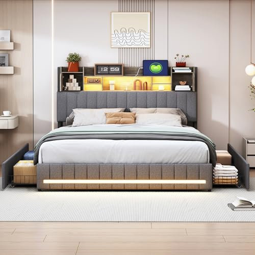 BHFFTHK Polsterbett 160x200 mit LED, Doppelbett mit 4 Schubladen und Lattenrost, Stauraumbett mit Kopfteil-USB C, Bett Funktionsbett Jugendbett Rückenlehne Bettgestell, Leinen, Grau, ohne Matratze