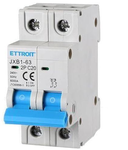 Interruttore magnetotermico 2P, occupa 2 moduli, 220V 230V, 20A C20, curva C, 6KA 6000A