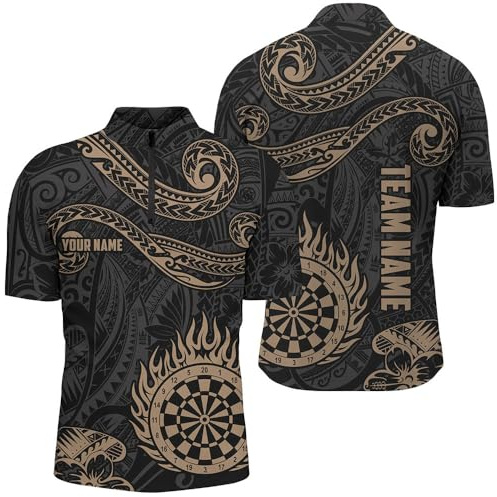 Outfitsuche Personalisierte Goldene Hawaiianische Tribal-Flammen-Darts-Poloshirts - Individuelle Dart-Trikots für Herren & Damen Leistungs-Darttrikot L0824