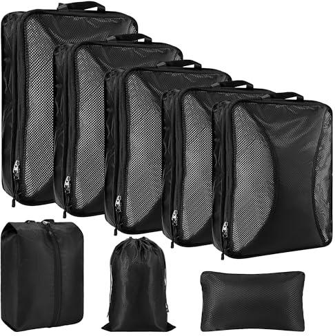 KiwiPower Koffer Organizer Set, Schwarz, 8-teilig | Kompression, Doppelreißverschluss, Platzsparende Packwürfel, Wasserdichte Kleidertaschen