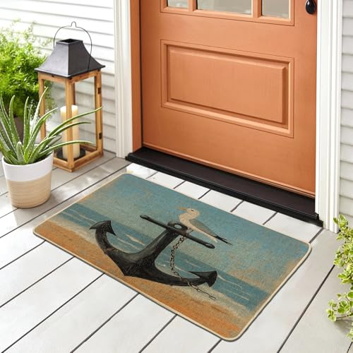 Fußmatte mit maritimem Anker, für den Innen- und Außenbereich, 73 x 43 cm, Vintage-Stil, Küstenmöwen, für Innen- und Außenbereich, kleine Strandschuhe, für Terrasse, Innenbereich, Garage