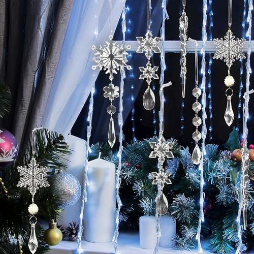 Juego de 10 colgantes acrílicos surtidos de copos de nieve y cristales de hielo, para colgar en el árbol de Navidad, elegantes decoraciones de oficina