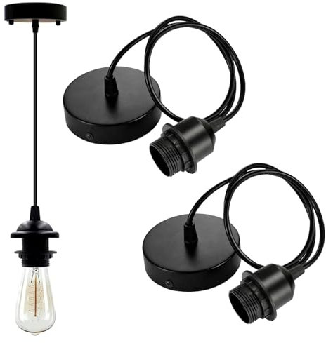 WORUIB 2 Pcs Pendant Light Fitting, Black Pendant Light Fitting with 1M Adjustable Cable, Sturdy and Durable,Flex Cable Ceiling Rose, Industrial Style Ceiling Pendants Fittings(Black)
