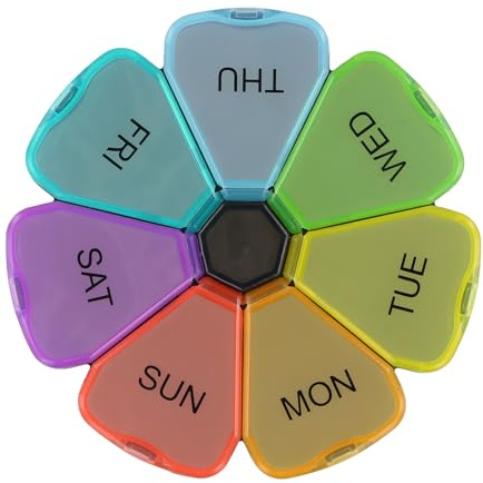 Tablettenbox 7 Tage, Transparent Pillendose Medikamentenbox 7 Tage mit Große Fächer, Schwarz Wöchentliche Pillendose, Tabletten Wochenbox Pillenbox Tablettendose für Unterwegs Rund, 1 Mal Pro Tag