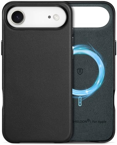SHIELDON Funda Básica de Cuero Genuino para iPhone Air 6,5 5G 2025, Negro | Anti-Arañazos, Botones de Metal, Funda Magnética, Caja Carga Inalámbrica A Prueba de Golpes