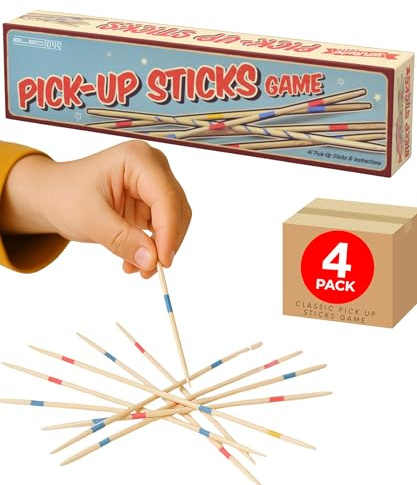 Electoys Pick-Up Sticks Game Wooden Traditional Skill Game Classic Tabletop Dexterity Challenge With Rules Family Indoor Fun Colourful Wooden Sticks with Bands For Children And Adults 4 Pack