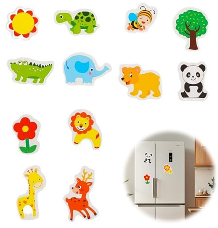 ARYIMYDP 12 Stück Holz Tiermagnete für Kinder, Tierische Lernspielzeug mit Löwe Elefant Biene Giraffe, Sicher Magnete für Kühlschrank & Magnettafel, Pädagogisches Geschenk für Kindergarten