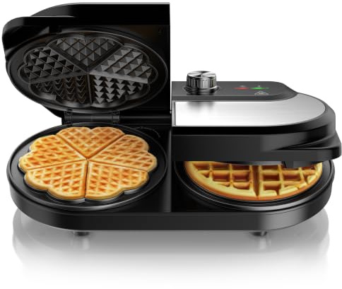 Arendo - Waffeleisen doppelt - Belgische Waffel/Herzform - zwei verschiedene Designs - 2 Zonen - Temperaturregler - Antihaftbeschichtung – 1400 W - Edelstahl - silber/schwarz - BPA frei