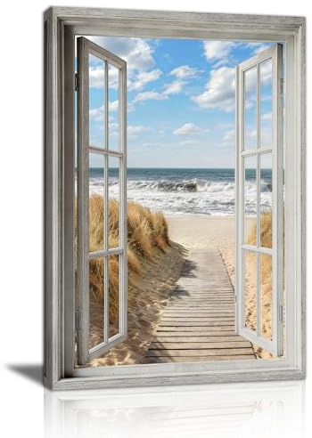 Strand Aussicht 3D Fenster Effekt Leinwandbilder Mit Rahmen, Vintage Blau Küste Landschaft Bild Auf Leinwand Natur Strand Schilf Wandbilder Zuhause Wanddeko für Büro Wohnzimmer Schlafzimmer 30x40cm
