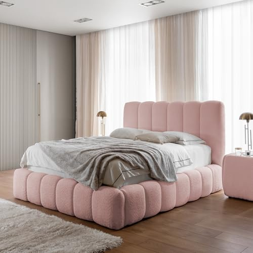 Home Collective Polsterbett Doppelbett Bubble Bett mit Stauraum viele Größen und Farben | Bettgestell mit Lattenrost weicher Bouclé Bezug mit Steppung | Schlafzimmer Möbel | Rosa 140x200 cm