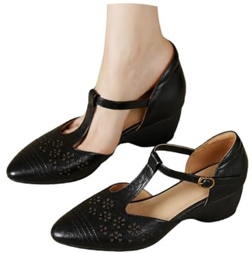 HEMNACU Women Shoes Square Heel Strappy T Shape Budapest Style T-Shaped Buckles Heeled Sandals Standard Black Dance Shoes for Latin Dances
