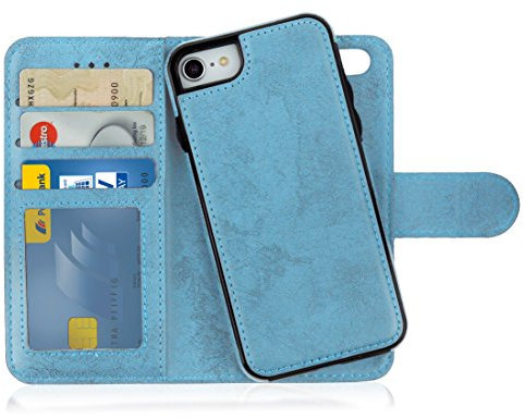MyGadget Flip Case für iPhone SE 2022 | 2020 | 7 | 8 - [ abnehmbare Magnet Hülle ] - Handyhülle aus Kunstleder - [ Klapphülle mit Kartenfach ] Schutzhülle in Hellblau