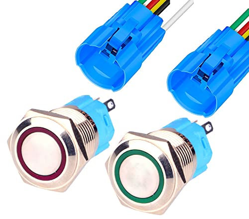 Gebildet 2 pezzi 16mm Pulsante Momentaneo in Acciaio Inossidabile, 12V-24V 5A LED 1NO1NC SPDT ON Off Temporaneo Bottone Impermeabile con Spina a Filo (Rosso + Verde)
