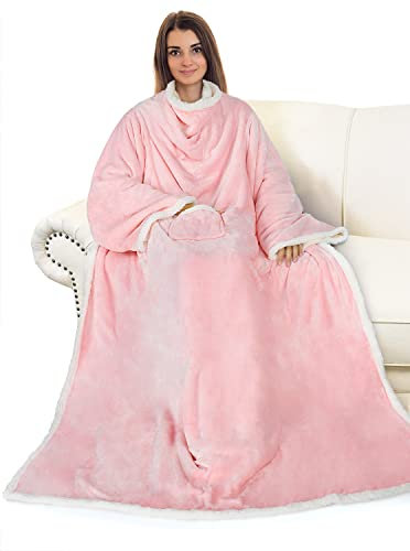 Catalonia Classy Warmere Decke mit Ärmeln, weiche Kuscheldecke mit Armen, warmes Geschenk für Weihnachten, gemütliches Geschenk für Frau Freundin, 185 x 140 cm Rosa