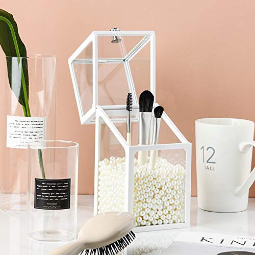 London Boutique Makeup Brush Holder with Lid Makeup Storage Cosmetic Organiser Desk Top Multi-function Dustproof White Pearls (White)