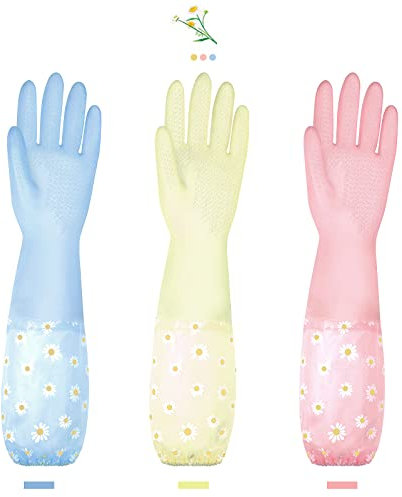 Guantes de limpieza para lavar platos, 3 pares, de goma reutilizables, antideslizantes, para lavandería, cocina, jardinería, impermeables, para el hogar (puño largo)
