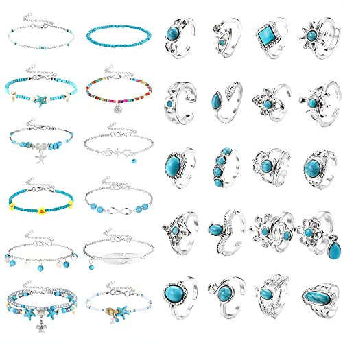 Kakonia Zehenringe und Fußkettchen für Frauen Gold Silber Kette Perlen Fußkettchen Türkis Zehenringe Set Boho Knöchel Armbänder Offene Zehenringe Einstellbare Strand Fußschmuck