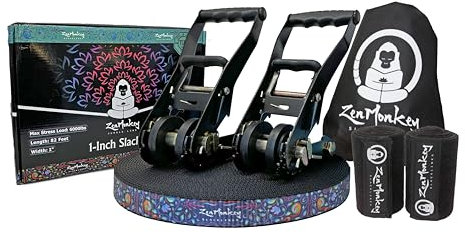 ZenMonkey 2,5 cm Slackline-Kit mit doppeltem Ratschensystem, zweifarbigem Gurtband, Baumschutz und Tragetasche