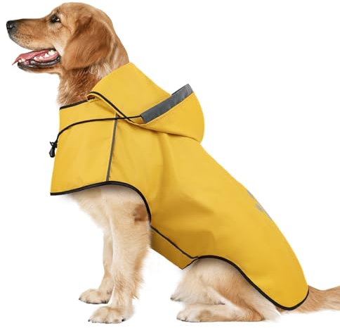 Hunderegenmantel DQGHQME Regenjacke Hunde Reflektierend, Regenmantel Hund Wasserdicht, Regencape Hund Mit Kapuze, Verstellbare Regenjacken für Kleine Mittelgroße Groß Hunde mit Klettverschluss-Gelb-XL