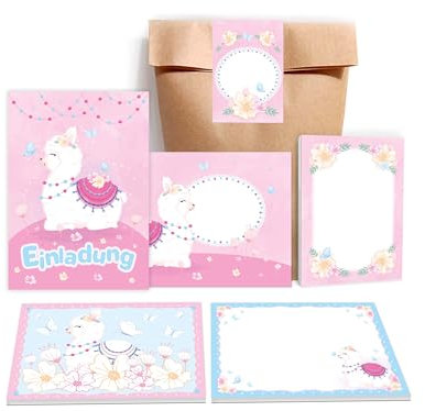 6 Einladungskarten zum Kindergeburtstag Einladung Geburtstag Mädchen Motiv Tiere Kamel Lama Alpaka Gastgeschenk Mitgebsel inkl. 6 Umschläge, 6 Tüten, 6 Aufkleber, 6 Blöcke, 6 Mandalas, 6 Malblöcke