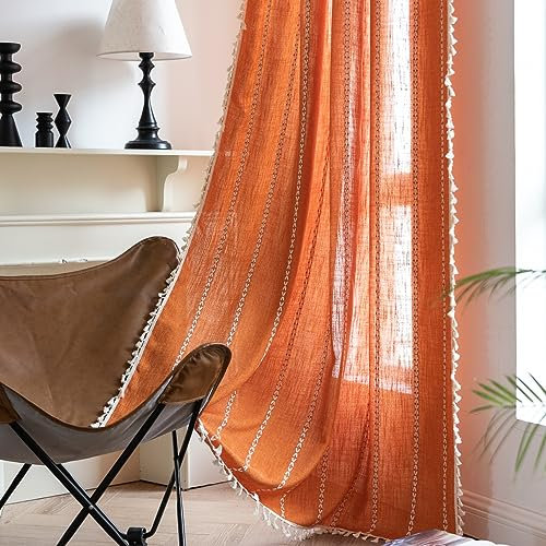 Sutuo Home Orangefarbene Boho-Vorhänge für Schlafzimmer, Wohnzimmer, Terrakotta, halbverdunkelnd, Leinen, Bauernhaus, Shabby-Chic-Quasten, Fensterbehandlung, Bohemian-Stickerei, Vorhang,