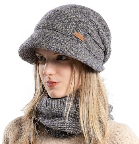 WANYIG Damen Wintermütze Strickmütze mit Schal mit Schal Herbst Damenmützen Winter Schal und Mütze Set mit Visier/Weichem Innenfutter Gefütterte (Gelb)