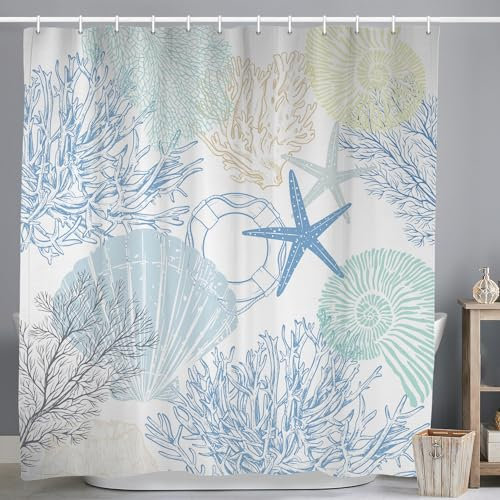 ASDCXZ Maritim Duschvorhang 180x200 cm, Blau Türkis Gelb Meerestiere Seesterne Schale Koralle Nautische Bad Waschbar Duschvorhänge Polyester Textil Wasserdicht Badevorhang für Badewanne mit 12 Haken