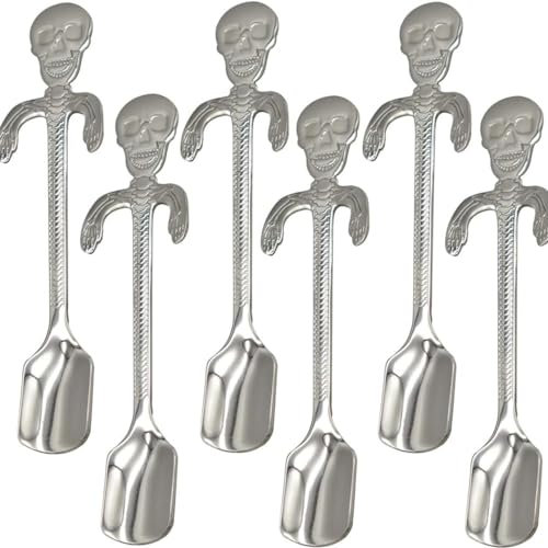 ZDYS 6 x Totenkopf-Löffel, 12,7 cm, 18/10 (304), Edelstahl, hängende Teelöffel, Kaffee, Tee, Zucker, Espresso, Dessert, Rührlöffel, Design für Halloween, Party, Küche