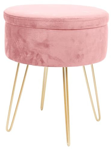 Harbour Housewares Velvet Round Foot Stool with Storage - Pink with Gold Legs - Modern Dressing Table Pouffe Footstool Vanity Seats Vanity Chairs Footstools for Living Room, Bedroom