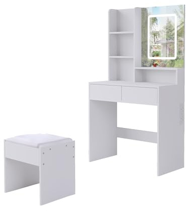 Vanity Desk, Makeup Vanity Table with Mirror and Stool,Dressing Table with 2 Drawers 4 Shelves Storage Unit, White Vanity Make Up Desk with LED Lights and Charging Station
