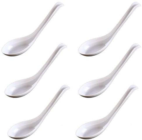 Rice Spoons Ramen Noodle Soup Ladle Red Soup Spoons Serving Spoons Chinese Won Ton Soup Spoon Asian Plain Style Soup Spoons (6, White)