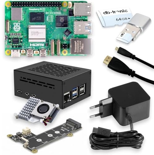 Raspberry Pi 5 16GB RAM PCIe M.2 NVMe - Set | Metallgehäuse | Active Cooler | M.2 NVMe SSD PCIe Board | Offizielles USB-C 27W Netzteil | 64GB Edition | 4K Micro HDMI
