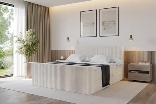 ALTDECOR Boxspringbett mit Matratze und Lattenrost, Topper, Fußteil,Polsterbett mit Bettkasten, Bett mit Stauraum H4-Matratze, Doppelbett, Boxbett - TOLO-Z 200x200 Cord - Creme