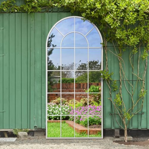 MirrorOutlet The Arcus - White Metal Framed Window Modern Arched Garden Mirror 71 X 33.5 (180CM X 85CM) Silver Mirror Glass with Black All weather Backing.