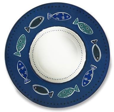Excelsa Ocean Set 6 Piatti Fondi in Ceramica con Decoro Pesci, Blu e Bianco