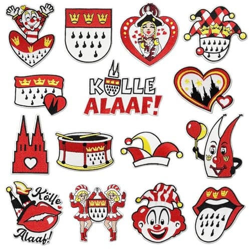 15 Stück Köln Karneval Rot Weiss Bügelflicken, Köln Bügelbilder Karneval, Faschingskostüme Clown Kostüm Accessoires, Kölle Alaaf Flicken zum Aufbügeln für Kleidung, Hosen, Hüte, Jeans, Nähen