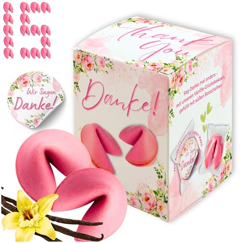 Rosa Glückskekse Danke 15 Stück Vanille Gastgeschenk Hochzeit Muttertag | Einzeln verpackte rosa Vanille-Glückskekse mit über 600 Botschaften auf Deutsch & Englisch – ideal als Gastgeschenk.