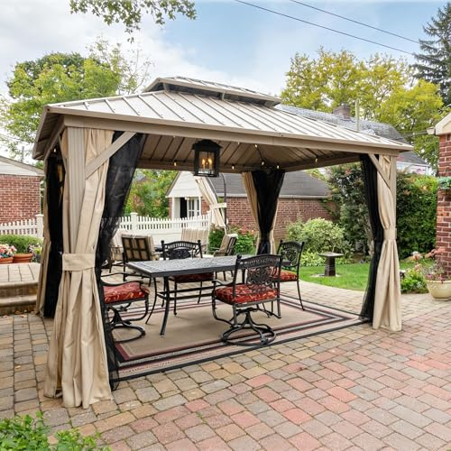 PURPLE LEAF Gazebo da giardino esterno in alluminio, 3 x 3 m, Pergola a doppio tetto in acciaio zincato, gazebo da giardino con zanzariera e tende per terrazzo, festa, barbecue, champagne