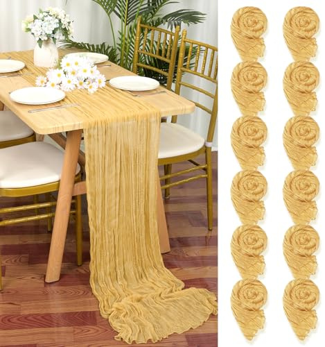 12 Stück Seihtuch Tischläufer Gold,55 x 300 cm Gelbe Rustikaler Gaze Stoff Boho Tischläufer Käsetuch Cheesecloth Tischläufer Hochzeit Tischdecke für Hochzeitsfeier Brautparty Tischdekoration
