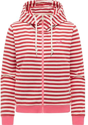 Ragwear Damen Kurze Sweatjacke gestreifter Zipper mit Verstellbarer Kapuze und süßer Stickerei Parya Stripes Red Gr. XXL