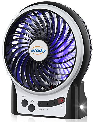efluky 4.9-Inch Mini Desk Fan - 3 Speeds, Rechargeable Battery/USB Powered with LED Light, Quiet Portable Fan for Home, Office, Travel, Camping (Black)