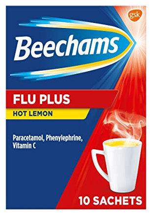Beechams Cold and Flu Sachets, Sore Throat & Headache Relief Medicine with Paracetamol, Flu Plus Hot Lemon Powder, 10 Count