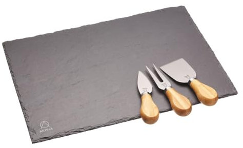 Artesa - Plateau en Ardoise Naturelle avec 3 Couteaux à Fromages en Inox et Bois d'Acacia, 35 x 25 cm
