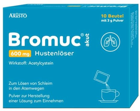 Bromuc akut 600 mg Hustenlöser 10 Beutel - Verflüssigt zähen Schleim und erleichtert das Abhusten bei Atemwegserkrankungen - Schnelle Hilfe für Erwachsene und Jugendliche ab 14 Jahren