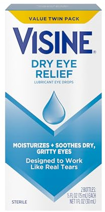 Visine Dry Eye Relief Lubricant Eye Drops to Moisturize and Soothe Irritated, Gritty and Dry Eyes, Designed to Work Like Real Tears, Polyethylene Glycol 400, 0.5 fl. oz, 2 Pack